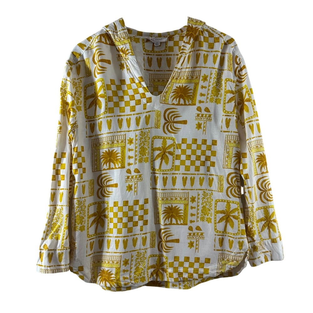 Jane + Delance Womens Yellow White Tropical Palm Linen Blend Hooded Tunic Top M